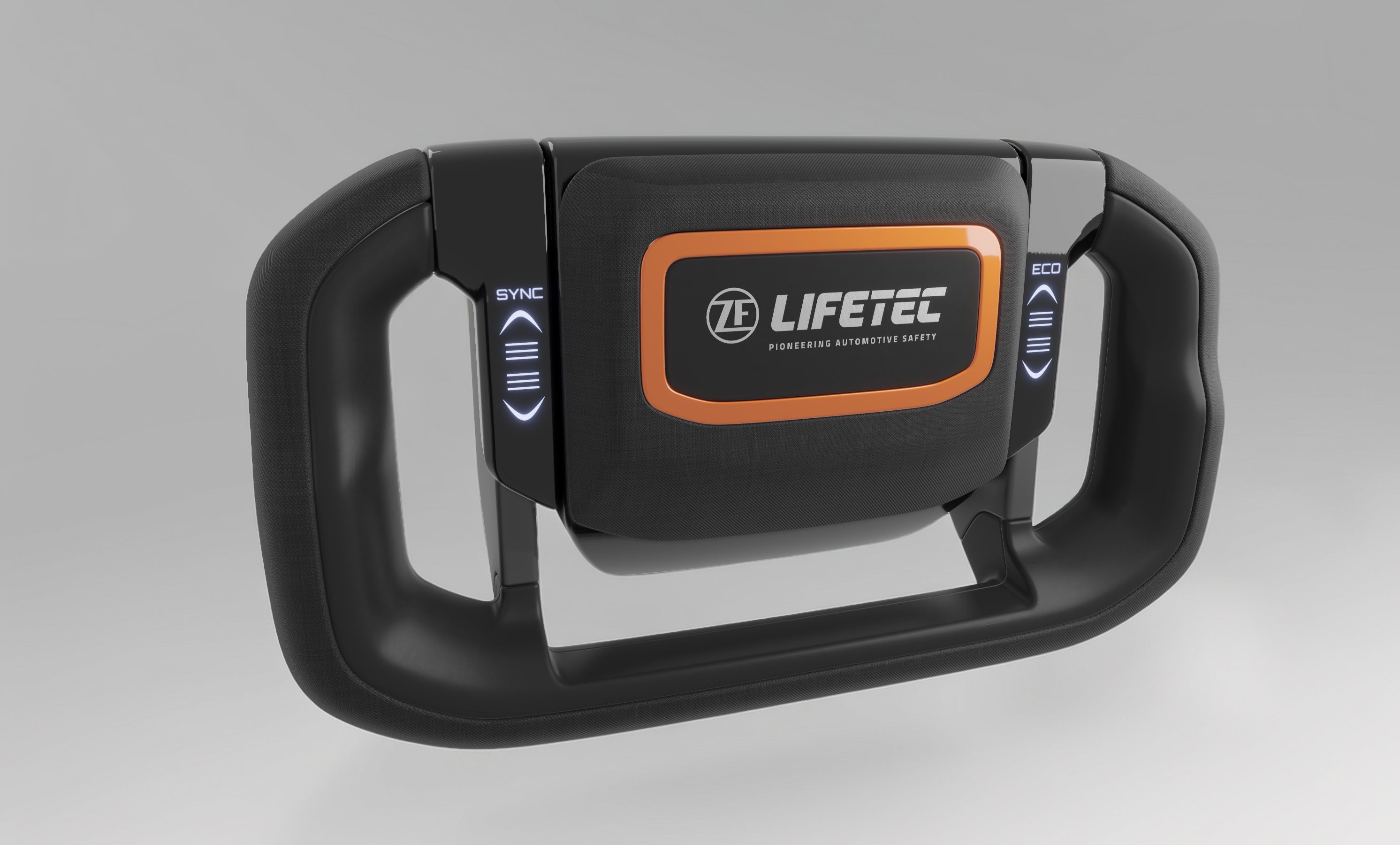 Das umwandelbare Lenkradkonzept von ZF Lifetec verfügt über ein zentrales Sicherheitsmodul mit orangefarbener Umrandung und dem ZF Lifetec-Logo