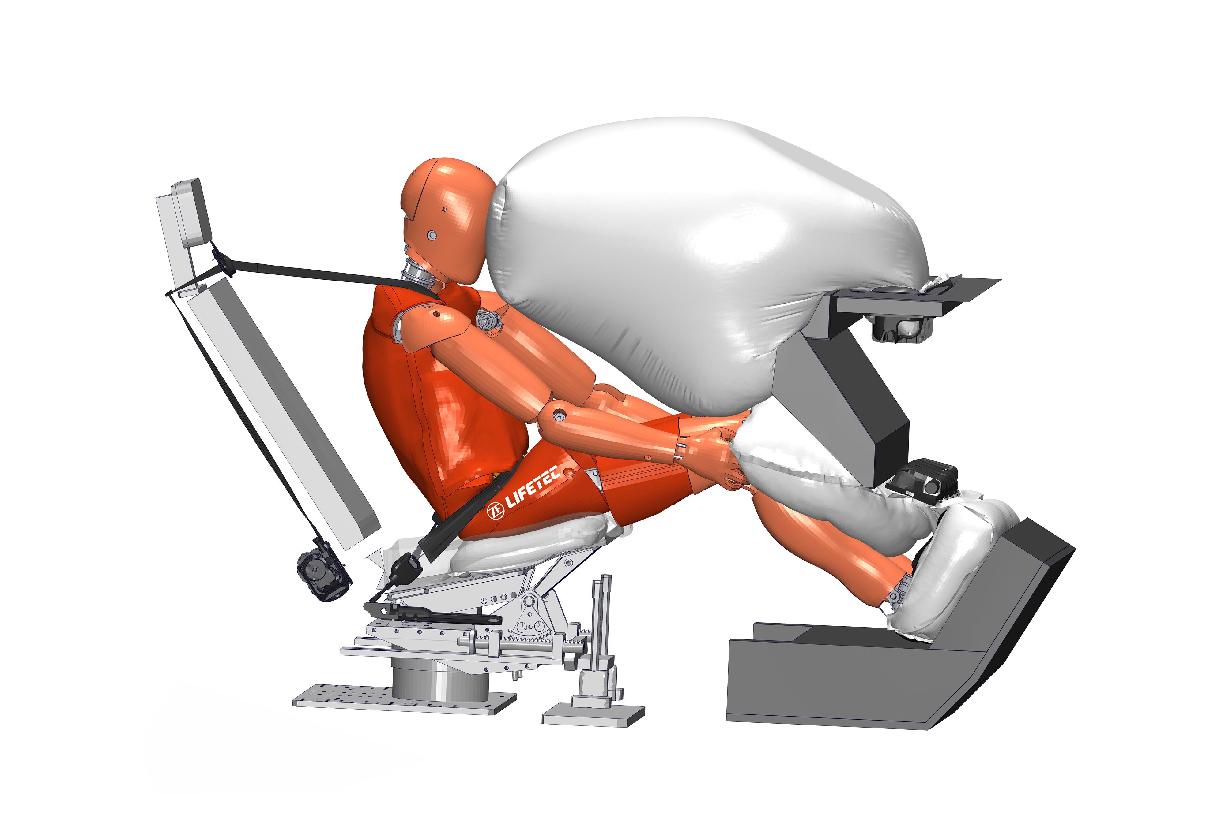 3D-Simulation: In Komfortsitzpositionen steigt im Crash das Risiko, unter dem Sicherheitsgurt durchzurutschen. Die vier aufeinander abgestimmten Airbags von ZF LIFETEC stabilisieren Insassen und reduzieren das Risiko schwerer Verletzungen deutlich.