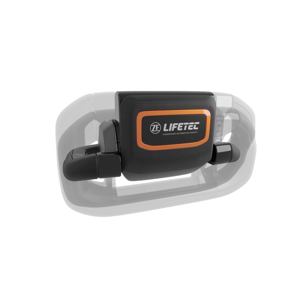 ZF Lifetec Konzept für ein transformierbares Lenkrad mit einem zentralen Sicherheitsmodul mit orangefarbener Zierleiste und dem ZF Lifetec-Logo, dargestellt mit transparenten Overlays, um das verstellbare Design zu verdeutlichen.