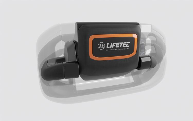 ZF Lifetec transformable steering wheel concept featuring a central safety module with orange trim and the ZF Lifetec logo